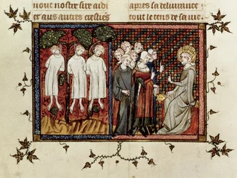 St. Louis spricht das Urteil und verurteilt Enguerrand de Coucy (1228-1311) für das Erhängen von drei jungen Adligen, aus Leben und Wunder des St. Louis, ca. 1330-40