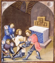 Ms. Fr 99 f.561 Galahad erhält ein Schwert und Sporen im Ritterschlag, bevor er zur Gralsqueste aufbricht