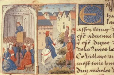 Eine Vorlesung und das Streuen von Binsen auf den Straßen, aus Les Cent Nouvelles Nouvelles, 1462