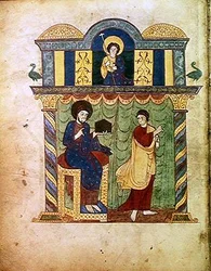 Ms Lat 8878 fol.1v Jesus überreicht das Evangelium an St. Matthäus, aus einem Kommentar zur Apokalypse des asturischen Mönchs Beatus von Liebana (ca. 776) ca. 1028-72 (Pergament)