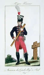 Musiker der Königlichen Fußgarde, aus Troupes Francaises, veröffentlicht bei Basset, Paris, um 1790