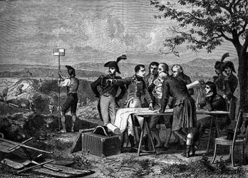 Napoleon Bonaparte zeigt den Plan für den Bau des Canal de Saint-Quentin im Jahr 1801 - Gravur des 19. Jahrhunderts