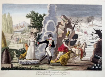 Napoleon I. Zwischen Krieg und Frieden, um 1815 - Napoleon zwischen Krieg und Frieden - Der Olivenzweig des Friedens wurde ihm vergeblich angeboten, er folgt dem Ehrgeiz, der ihn zu seinem Untergang führte - in „Napoleon 1er“, eine Dummysammlung von Karika