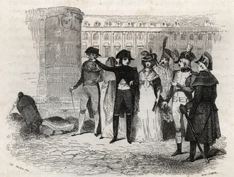 Napoleon spaziert mit Madame Tallien, geborene Theresa Cabarrus, Prinzessin von Caraman, Prinzessin von Caraman Chimay (1773-1835) Place Vendôme in Paris - Gravur in „Les rues de Paris“. Altes und modernes Paris: Ursprünge, Geschichte, Denkmäler, Kostüme, 