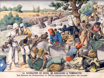 Navigation auf dem Fluss Niger zwischen Koulikoro und Timbuktu. Eine Expedition unter dem Kommando von Kommandant Le Blevec transportiert Boote in Abschnitten um Stromschnellen herum. Die Navigation des Niger, von Koulikoro nach Timbuktu. Die Männer von Ko