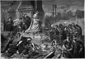 Nero nach dem Brand in Rom im Jahr 64. Gravur nach dem Gemälde von Karl Theodor von Piloty (1826-1886). In „Le Monde Illustré“ Nr. 283 vom 13. September 1862