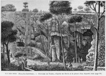 Neukaledonien, Isle of Pines, Hypogäum von Toupo, nach einer Federzeichnung eines Deportierten, Illustration aus dem Bulletin Les Missions Catholiques, 1893