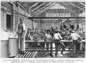Neukaledonien, Werkstatt in Ouaco, Herstellung von Dosen, nach einer Fotografie von Pater Forestier, Illustration aus dem Bulletin Les Missions Catholiques, 1889