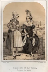 Normannische Kostüme - Die Erbin von Caudebec - Gravur in "LE SOURIES DE MON UNCLE MEMORIES ET RECITTS DE Voyages" von MORING MICHEL - Ende 19. Jahrhundert