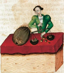 Muskatnuss-Händler, Miniatur aus Tractatus de herbis, Frankreich 15. Jahrhundert