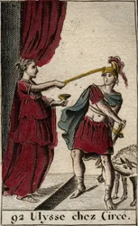 Odyssee von Homer: Odysseus bei Circe der Zauberin. Hinter ihm seine Gefährten, die sie in Schweine verwandelte. Aus „Mythologie der Jugend“ von Pierre Blanchard