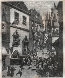 Am 20. Mai 1636 wurden acht Fälscher in der Rue Champfleuri von zwei Polizeikommissaren begleitet von einem Dutzend Sergeanten verhaftet - in „Paris a travers les siecles“ von Nicolas Jules Henri Gourdon de Genouillac