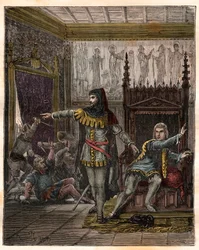 Hundertjähriger Krieg: Der Dauphin Karl (später Karl V.) (1338-1380) (der erste Dauphin von Frankreich) und Étienne Marcel (1302/1310-1358), der die beiden Minister (Marschälle) Robert de Clermont und Jean de Conflans im Gemach des französischen Dauphins