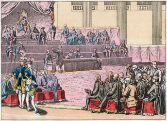Eröffnung der Generalstände in Versailles am 5. Mai 1789, die die drei Stände (Klerus, Adel und Dritter Stand) zusammenbrachten - Eröffnung der Generalstände, 5. Mai 1789 - Gravur Ende des 19. Jahrhunderts in „Nos Gires Nationales“