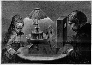 Optische Täuschung: das Praxinoskop-Theater, ein von Emile Reynaud (1844-1918) erfundenes Gerät. Gravur in „La Nature. Revue des sciences et de ses applications aux arts et à l