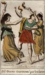 Orestes, verfolgt von den Erinnyen (oder Furien) für die Rache am Tod seines Vaters Agamemnon durch die Tötung seiner Mutter Klytaimnestra. Aus „Mythologie der Jugend“ von Pierre Blanchard 1803.