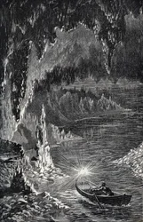 Padirac-Höhle im Département Lot, in Frankreich - Unterirdischer Fluss - Gouffre de Padirac - im Lot in Frankreich - Gravur in „PATRIE“ - BESCHREIBUNG PIQUE DE LA FRANCE IN 6 BÄNDEN VON LUCIEN HUARD - Ende des 19. Jahrhunderts