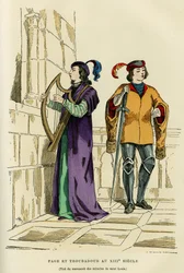 Page-Kostüme und Troubadour im 13. Jahrhundert. Farbgravur nach einer Zeichnung des Manuskripts der Wunder von Saint Louis (Louis IX 1214-1270), in „Frankreich und die Franzosen durch die Jahrhunderte“ von Augustin Challamel, F. Roy Herausgeber, Paris 1882