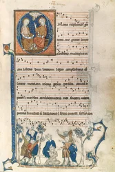 Seite aus einem Manuskript für einen Pariser Sänger, mit Illustrationen der Heiligen Dreifaltigkeit und dem Spiel Blindekuh, ca. 1280-1315