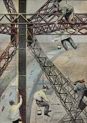 Maler bei der Arbeit, 200 Meter über Paris schwebend, um den Eiffelturm 1899 zu streichen. Gravur in „Le Pelerin“ 16.07.1899.