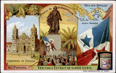 Panama: Die Kathedrale, die Statue von Kolumbus, die Flagge - Chromolithografie