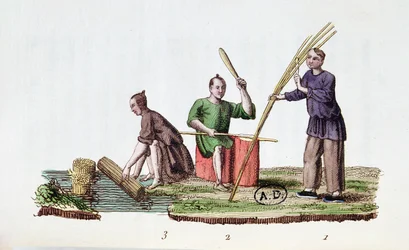 Papierherstellung aus Bambus, aus La Chine en Miniatures von M. Breton, veröffentlicht in Paris, 1811
