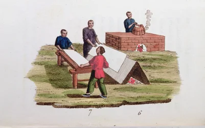 Papierherstellung aus Bambus, aus La Chine en Miniatures von M. Breton, veröffentlicht in Paris, 1811