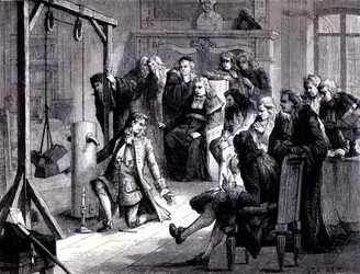 Papin (1647 - 1714) experimentiert mit seiner Pulvermaschine vor den Professoren der Universität Marburg - in „Album der Wissenschaft; berühmte Wissenschaftler; Große Entdeckungen“ 1896.