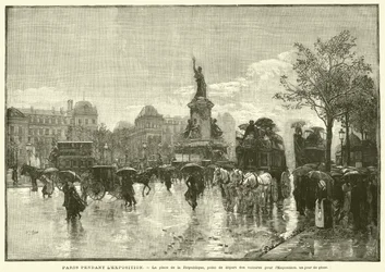 Paris während der Ausstellung, der Place de la République, Ausgangspunkt der Wagen zur Ausstellung, an einem Regentag (Gravur)