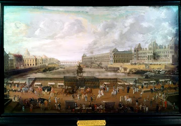 Paris, Blick auf die Pont-Neuf, den Palais du Louvre und das Collège des Quatre-Nations um 1680