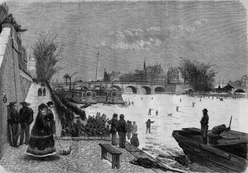 Paris, Winter 1868: die gefrorene Seine. Blick auf den Fluss in Höhe der Pont Neuf. Gravur in „Le Monde Illustré“ Nr. 561 vom 11. Januar 1868.