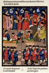 Pariser Handelsverkehr: die Prévôts der Kaufleute und Schöffen, der Transplantat, der Empfänger, der Staatsanwalt, der Schreiber, die Warensergeanten... - Faksimile einer Miniatur des Mittelalters