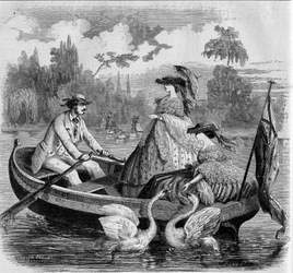 Pariser Moden, Sommer 1857: Bootsfahrt auf einem See. Gravur in „Le Monde Illustré“ Nr. 24 vom 26. September 1857.