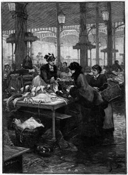 Pariser Szene im 19. Jahrhundert: Ein Fischhändler und ein Kunde in den Halles Centrales. Gravur von Derbier nach einem Gemälde von Gilbert. Ende des 19. Jahrhunderts. In „Die Hauptstädte der Welt: Paris“