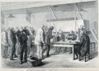 Parlamentswahlen: ein Wahllokal in Beauce - in „Le Monde Illustré“, März 1876