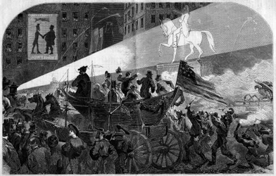 Feier auf den Straßen von New York (New York) zur Feier der Installation des transatlantischen Telegraphenkabels zwischen den Vereinigten Staaten (Vereinigte Staaten) und England im Jahr 1858. Gravur in „Le Monde Illustré“ Nr. 79 vom 16. Oktober 1858.