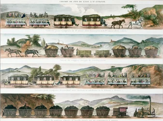 Passagiere und Fracht auf der ersten französischen Linie zwischen Lyon und St. Etienne, 1829 (Farblithografie)