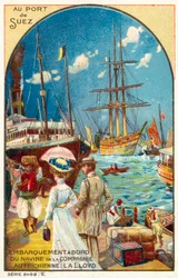 Passagiere, die ein Schiff der österreichischen Lloyd-Linie im Hafen von Suez, Ägypten, besteigen