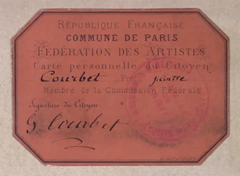 Persönliche Karte, ausgestellt von der Pariser Künstlerföderation während der Kommune von Paris und gehörend zu Gustave Courbet, 1871