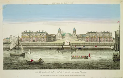 Perspektivische Ansicht des Greenwich Hospital an der Themse, graviert von Huquier