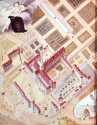 Vogelperspektive der Abtei von Port Royal des Champs. Gouachezeichnung aus dem 18. Jahrhundert. Versailles Museum
