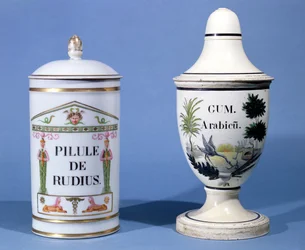 Apothekergefäße für Pilule de radius und Gummi Arabicum (Faience)