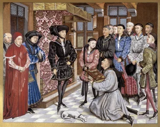 Philippe Le Bon und Karl der Kühne empfangen die Widmung eines Buches