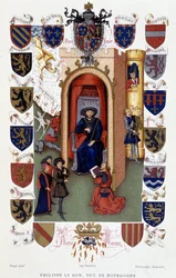 Philippe der Gute, Herzog von Burgund, erhält die Widmung eines Buches (Wappen)