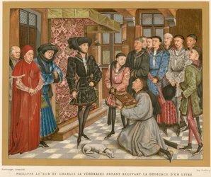 Philippe der Gute und Karl der Kühne empfangen die Widmung eines Buches