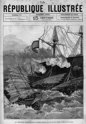 Piraterie: Das annamitische Kriegsschiff „La Magune“ wurde von chinesischen Piraten angegriffen. Eine Zeitung. Gravur von 1880 in „La république illustrée“, private Sammlung.