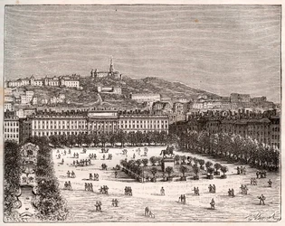 Place Bellecour oder Place Louis-le-Grand - die größte Platz von Lyon - Gravur in „La France illustrée: Geographie, Geschichte, statistische Verwaltung“ von V.A. Malt-Brown. 1884