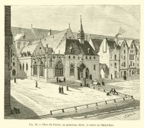 Place du Parvis im fünfzehnten Jahrhundert und Eingang des Hôtel-Dieu