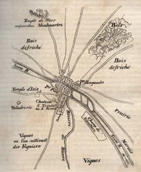 Plan von Paris unter den Merowingern - Gravur in „Physical, civil and moral history of Paris: from the earliest historical times to the present day“ von Jacques Antoine Dulaure