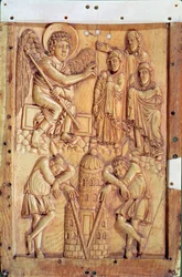 Plakette, die die Heiligen Frauen am Grab darstellt